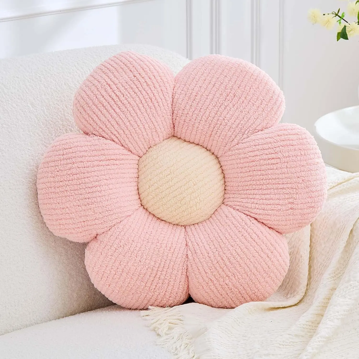 14.9 inches Light Pink Daisy Floral Plush Flower Pillow, Cute Room Stuff for Bedroom - Soft Decorative Throw Cushion for Bed Couch, Ideal for Home Decorators & Home Supplies