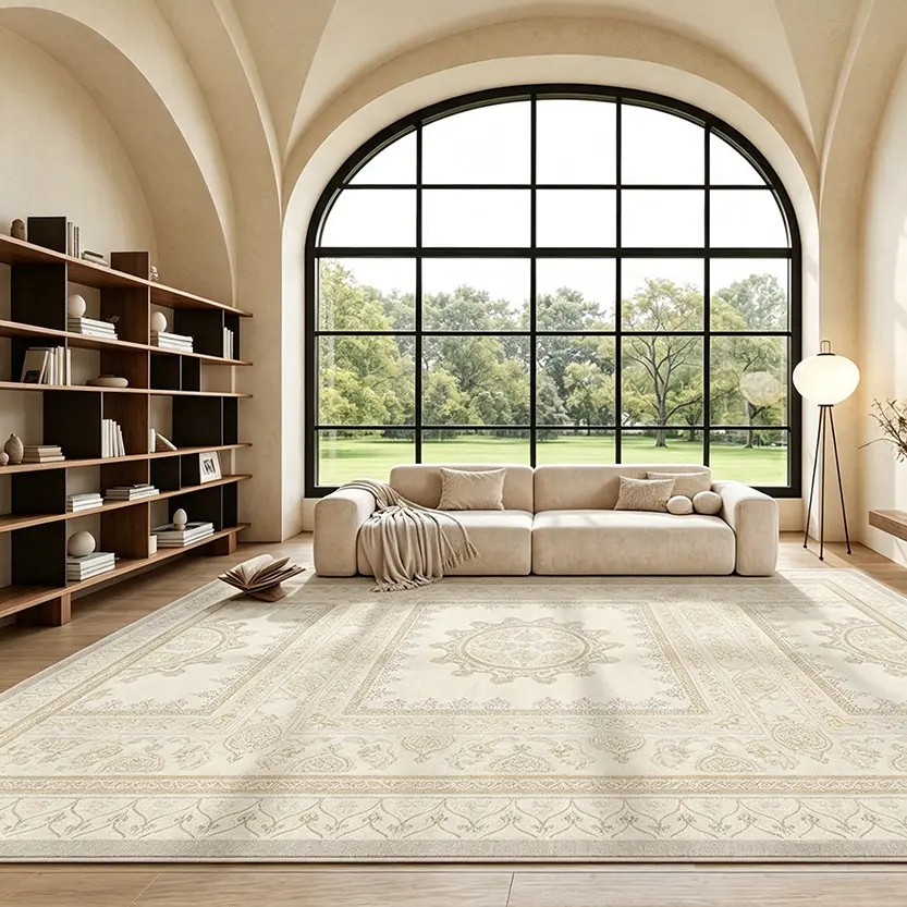 140x200cm (4.59'-6.56') Vintage Oushak Area Rug, Neutral Traditional Square Medallion Border Carpet with Distressed Look, Oriental Motif Indoor Floor Rug for Living Room, Bedroom, Multiple Colors Available