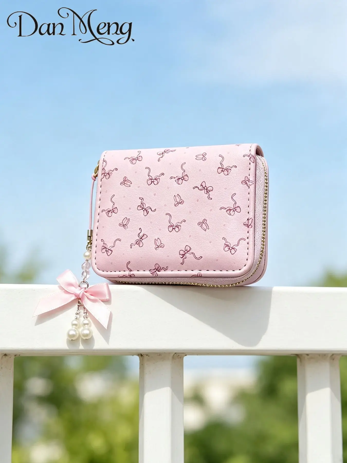 Cute Light Butterfly Knot Short Handheld Wallet, Girl's Pearl Butterfly Charm Coin Card Holder, Space-Saving Design