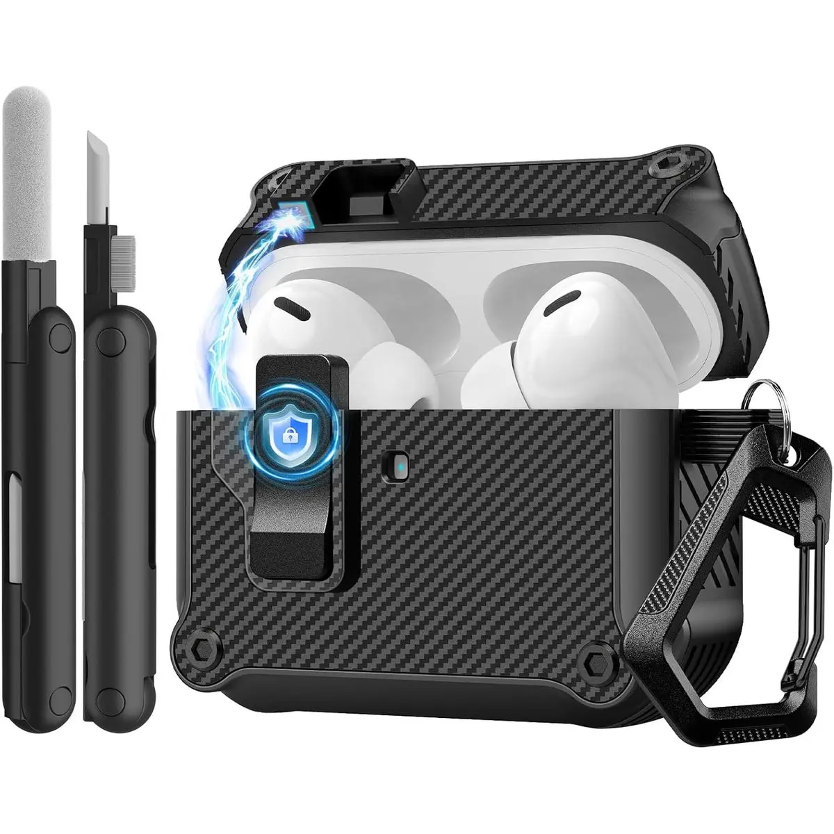 Case for Airpods Pro 3 (2025) with Secure Lock Clip, Automatic Pop-up Full Drop Protective Hard Cover for Apple AirPod Pro 3rd Generation with Climbing Hook & Cleaning Kit, Carbon Fiber Black