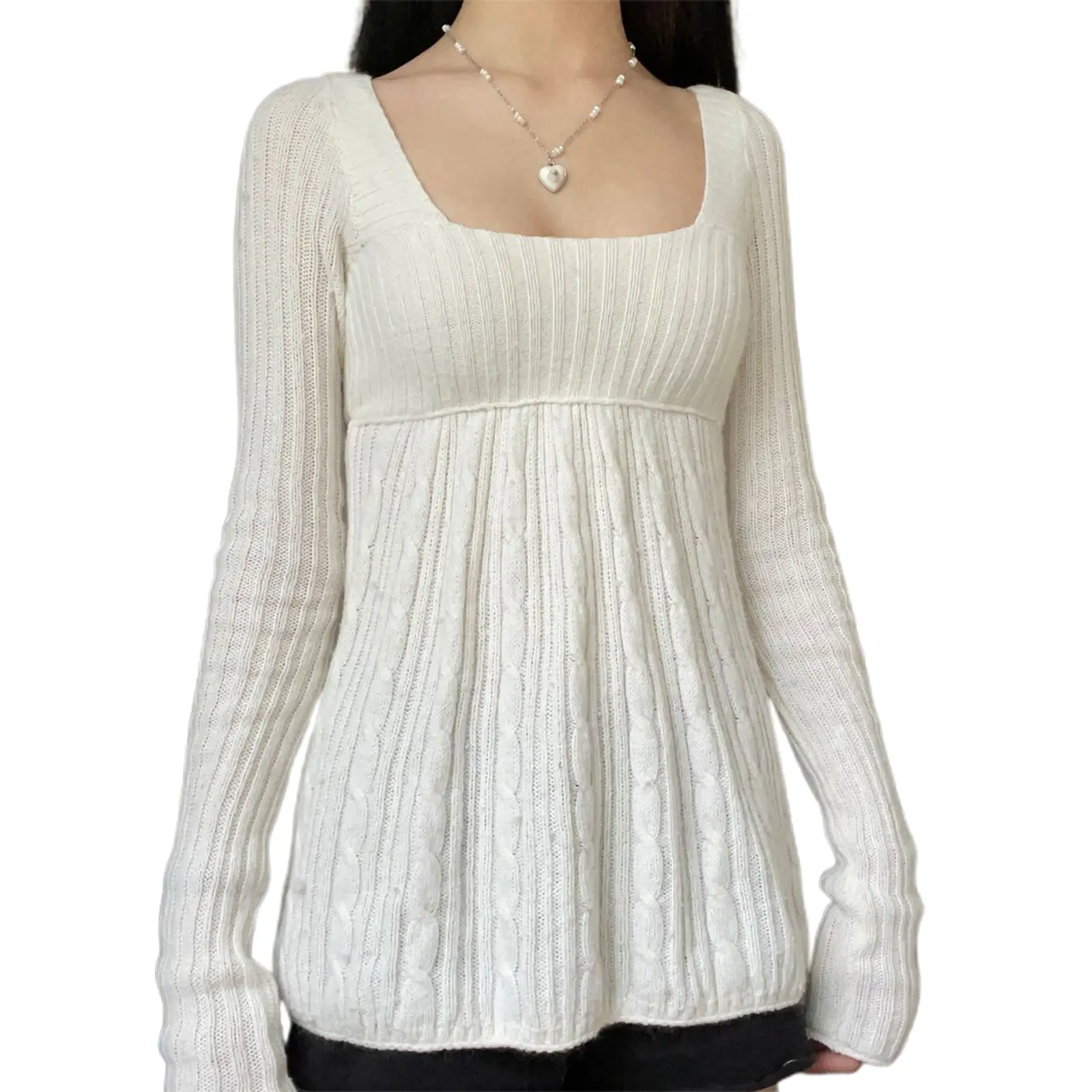 Lady's Cotton Cable-Knit Sweater, Loose Fit Fashion Pullover with Square Neck and Long Sleeves, Fall Knitwear