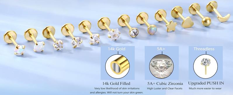 MILACOLATO 14K Plated Gold Threadless Nose Studs for Women Hypoallergenic Surgical Steel Nose Rings Push In Flat back Nose Stud Labret Studs CZ Tragus Helix Piercing Jewelry 16G 18G 20G