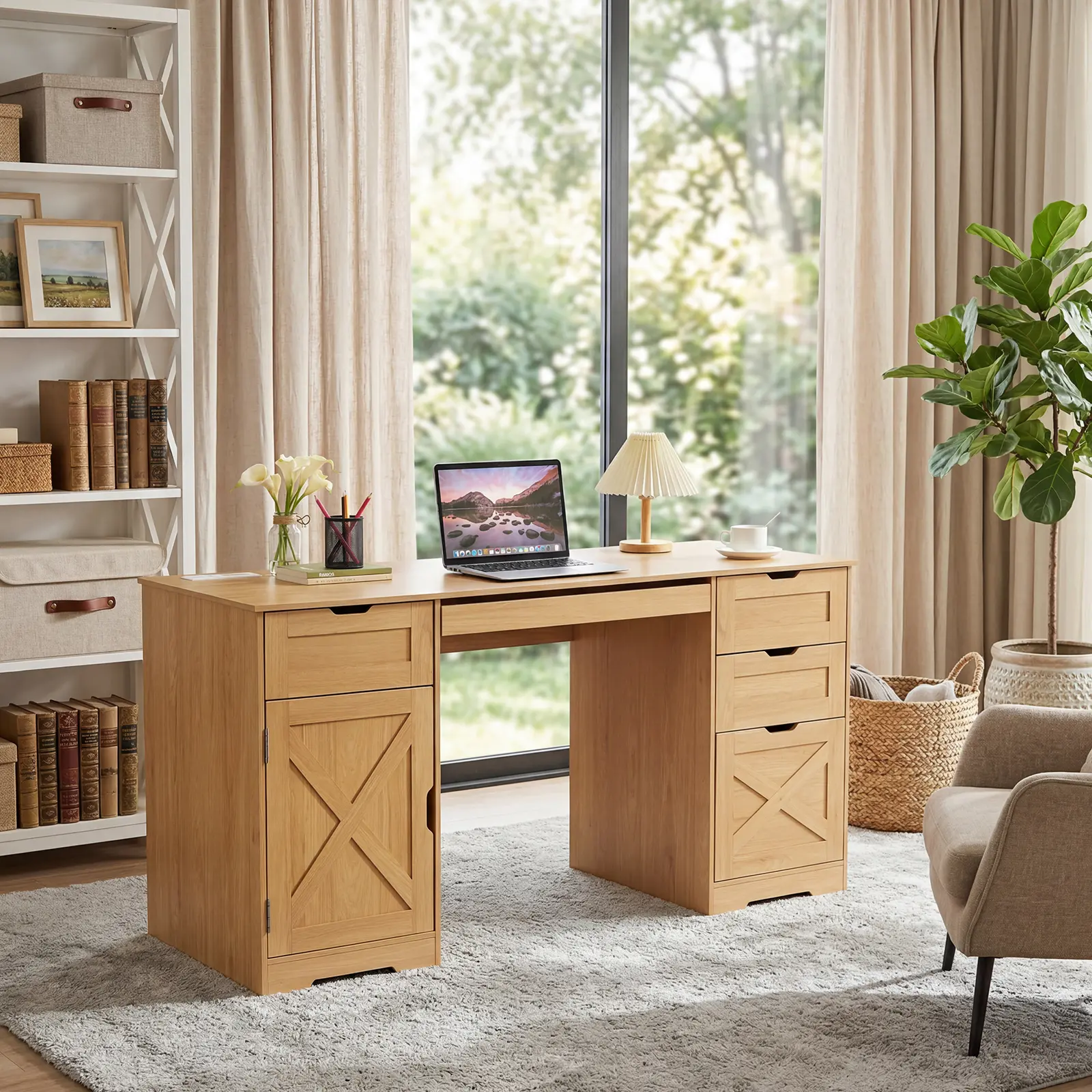 Farmhouse Executive Office Desk 59 Inch – 4 Storage Drawers, Charging Station, Keyboard Tray, Adjustable Shelves, Wooden Computer Desk for Home Office, White Black Tabletop
