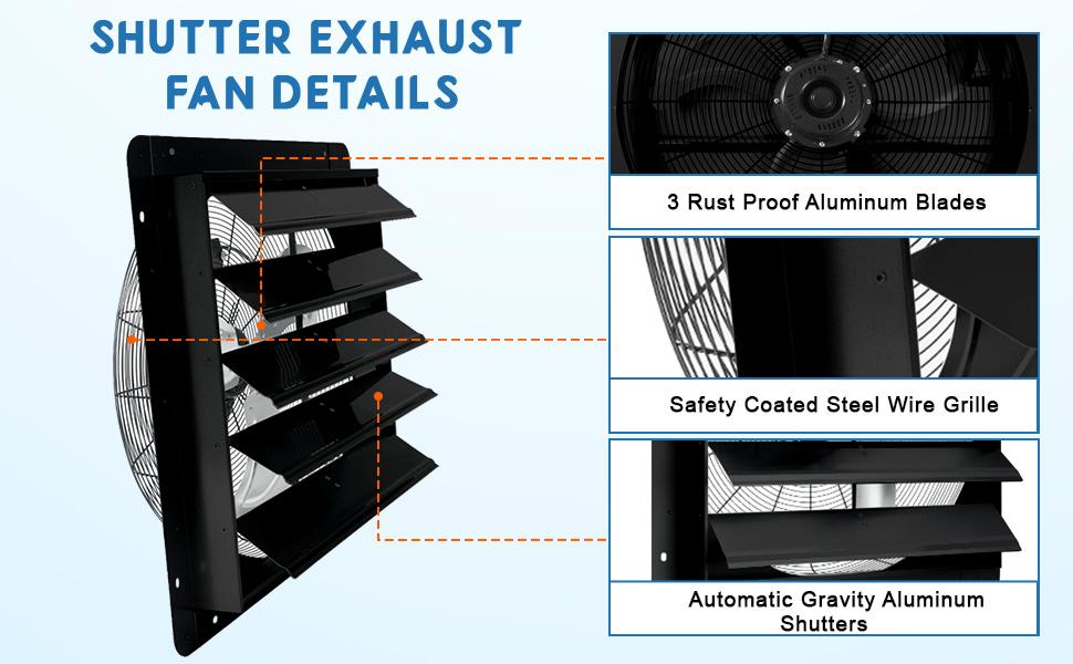 24" Wall-Mounted Shutter Exhaust Fan, 3500 CFM High-Speed Ventilation, 1500 RPM Low-Noise, Aluminum Blades & Automatic Shutter for Attic, Garage, Greenhouse, Workshop & Louvered Vent Applications 24" Wall-Mounted Shutter Exhaust Fan, 3500 CFM High-Speed Ventilation, 1500 RPM Low-Noise, Aluminum Blades & Automatic Shutter for Attic, Garage, Greenhouse, Workshop & Louvered Vent Applications