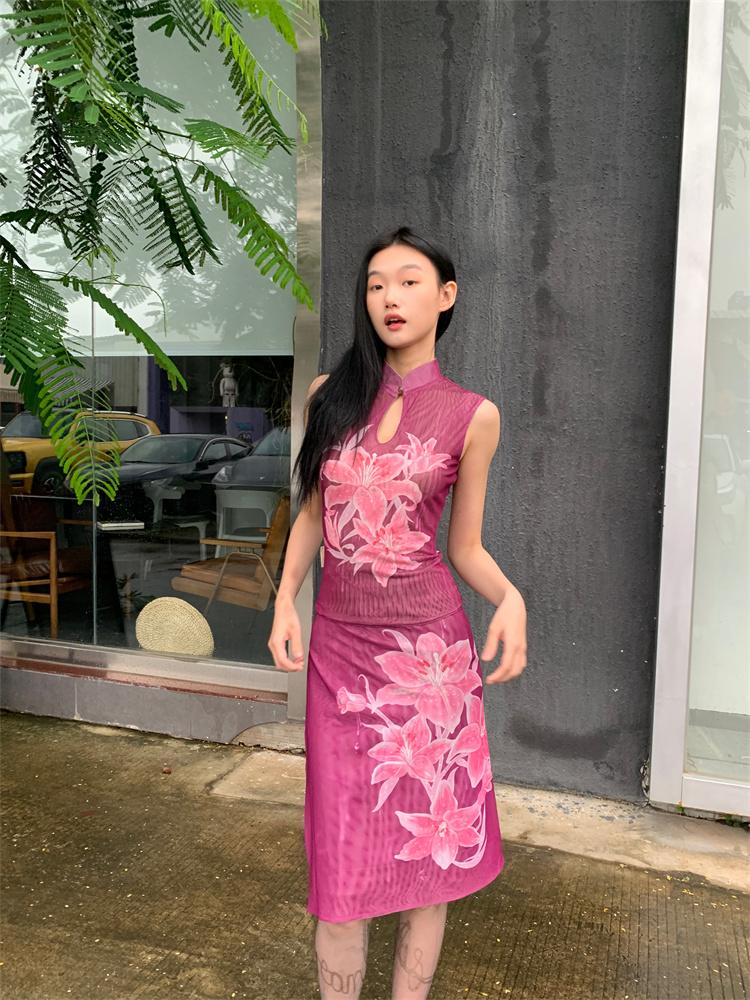 New Chinese-style lily pattern reversible cheongsam top + new Chinese-style lily pattern reversible one-piece skirt