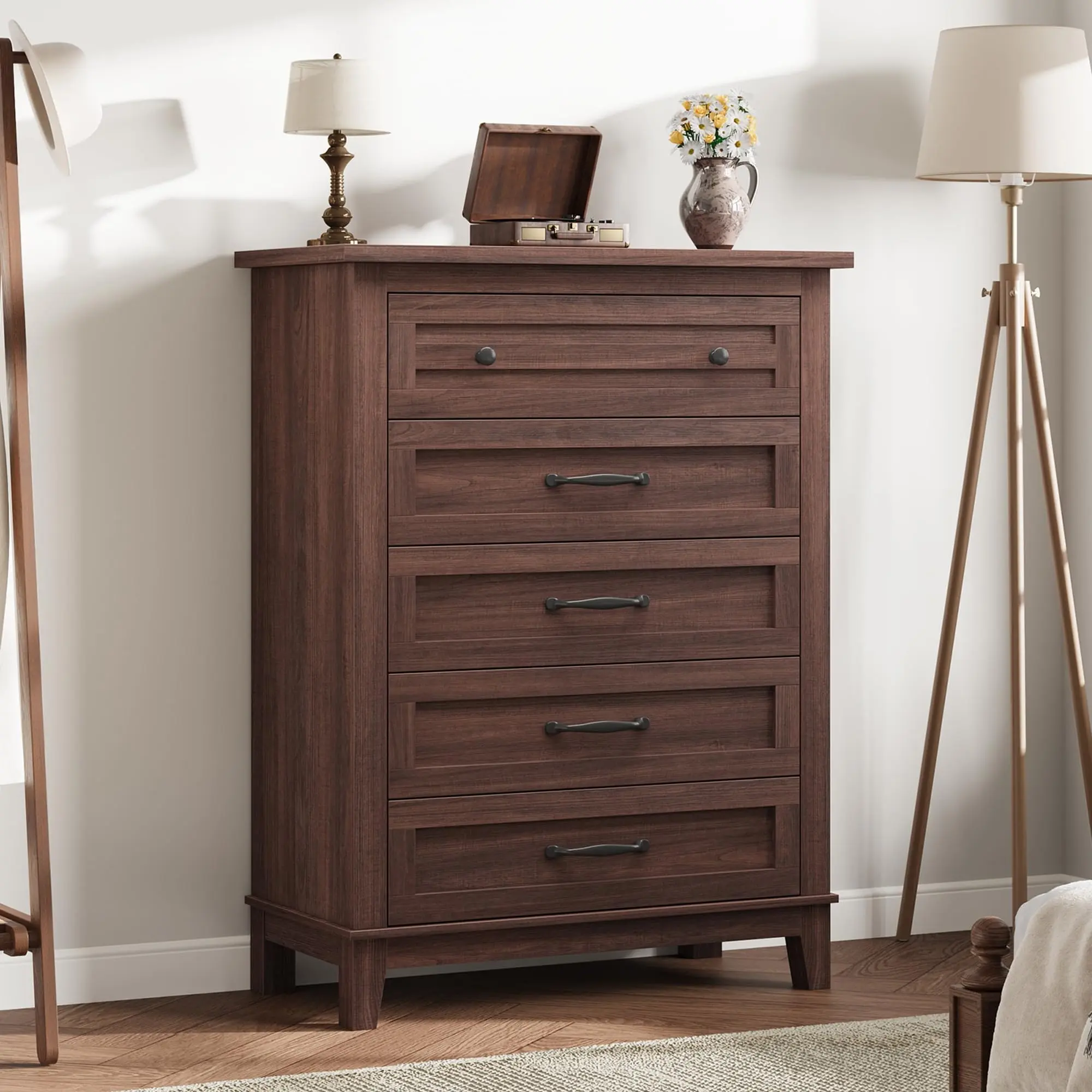 OP-Garvee 5 Drawer Dresser for Bedroom, 41.3" Vertical Dresser, Freestanding Wood Chest with Large Storage for Bedroom or Living Room, Multiple Colors Bed Guardrail Barn Door Sideboard Cabinet White 8-Drawer Glass Display High Gloss Fireplace TV Stand