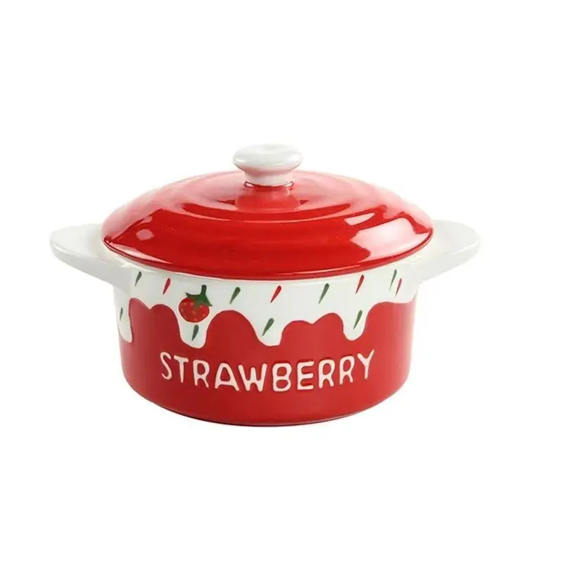 Cute Strawberry Ceramic Baking Bowl with Lid, 4.7inch Mini Casserole Dish with Double Handles, Steamed Egg Pudding Bowl, Oven & Microwave Safe Ramekin for Souffle
