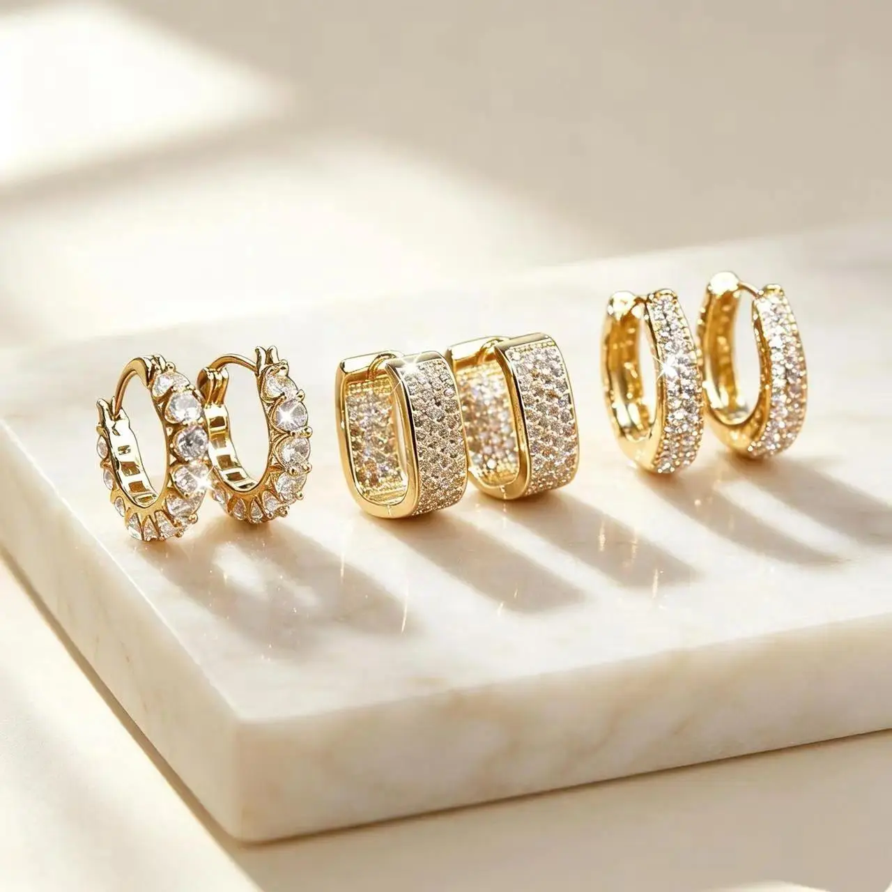 Exquisite 3-Pair 14K Gold Plated Layered Hoop Earring Set for Women, Geometric and Round Huggie Earrings with Hinged Clasps,
