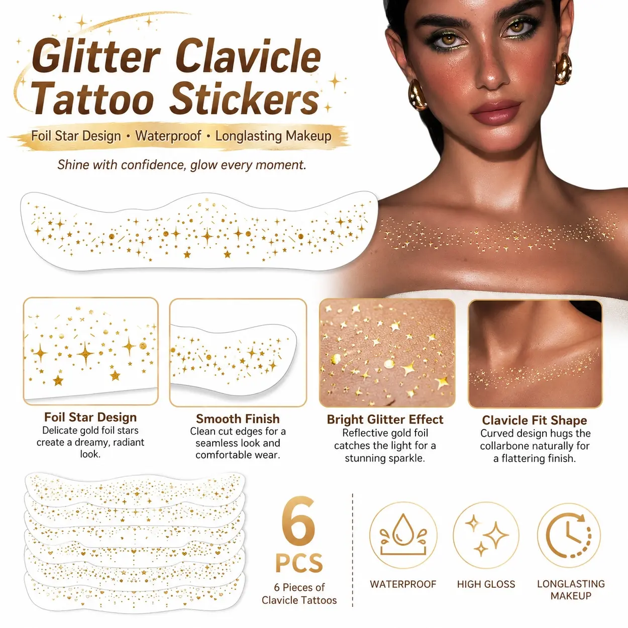 6pcs Clavicle Glitter Temporary Tattoo Set, Waterproof Body Makeup Stickers with Foil Starburst Design, Easy Apply and Remove Sparkle Decals for Women, Beachwear, Party Makeup, Concert, Carnival, Festival, Stage Show and Night Out Looks