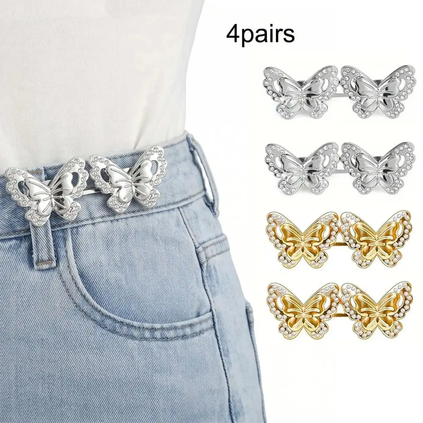 4 Pcs No Sew Jeans Waist Cinch Clips, Butterfly Instant Waist Tightener Buckles, Tool-Free Adjustable Waist Adjusters, Quick Fit Accessory For Loose Denim Pants, Easy Outfit Resizing Fashion Gadget tiktokshopbacktoschool