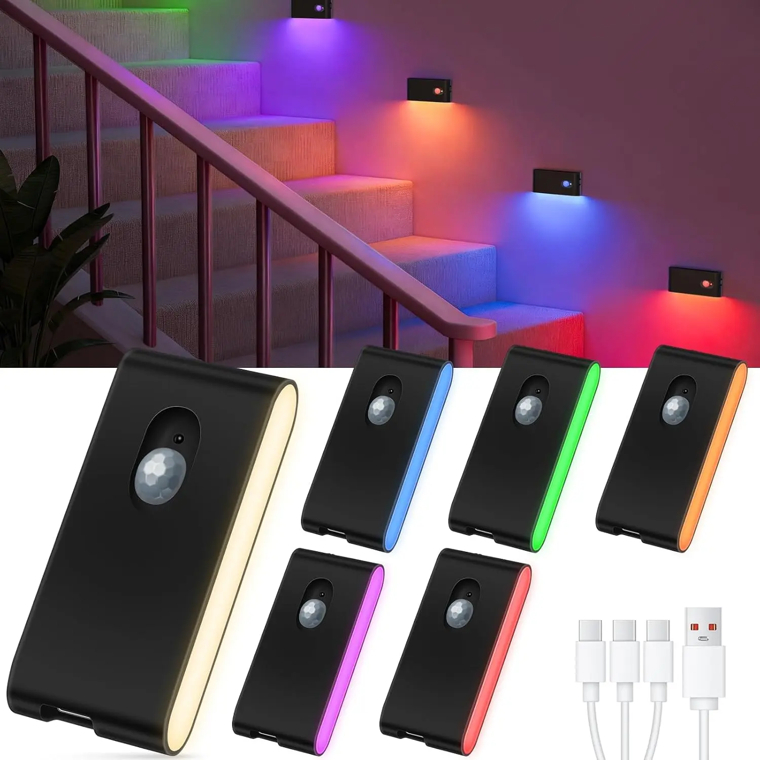 Rechargeable Night Light, RGB & Warm White Stair Lights Indoor, Color Changing Motion Sensor Light Indoor, Motion Sensor Night Light for Stair,Hallway,Bathroom,Cabinet,Closet,Kitchen,6 Pack