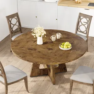 47 Inch Round Farmhouse Solid Wood Dining Table, Single Pedestal Rustic Modern Kitchen Dinner Table Only, Seats 4-6 for Dining Living Room