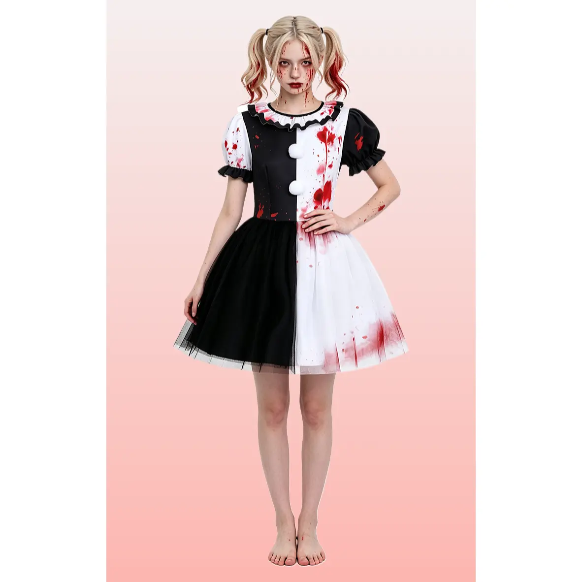 Women Terrifier Clown Dress Blood Stain Black White Tulle Tutu Skirt Halloween Horror Cosplay Costume