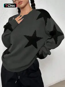 Women's Round Neck Colorblock Star Jacquard Sweater, Loose-Fit Casual Knitted Pullover, Cute Style for All Seasons