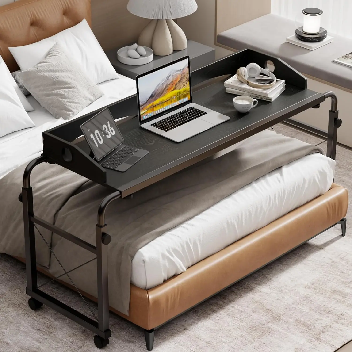 Laptop Desk for Bed, Adjustable Height & Length Laptop Bed Table,Overbed Table with Wheels for  Size Beds,Rolling Standing Desk,Over Bed Desk for Working Reading Eating