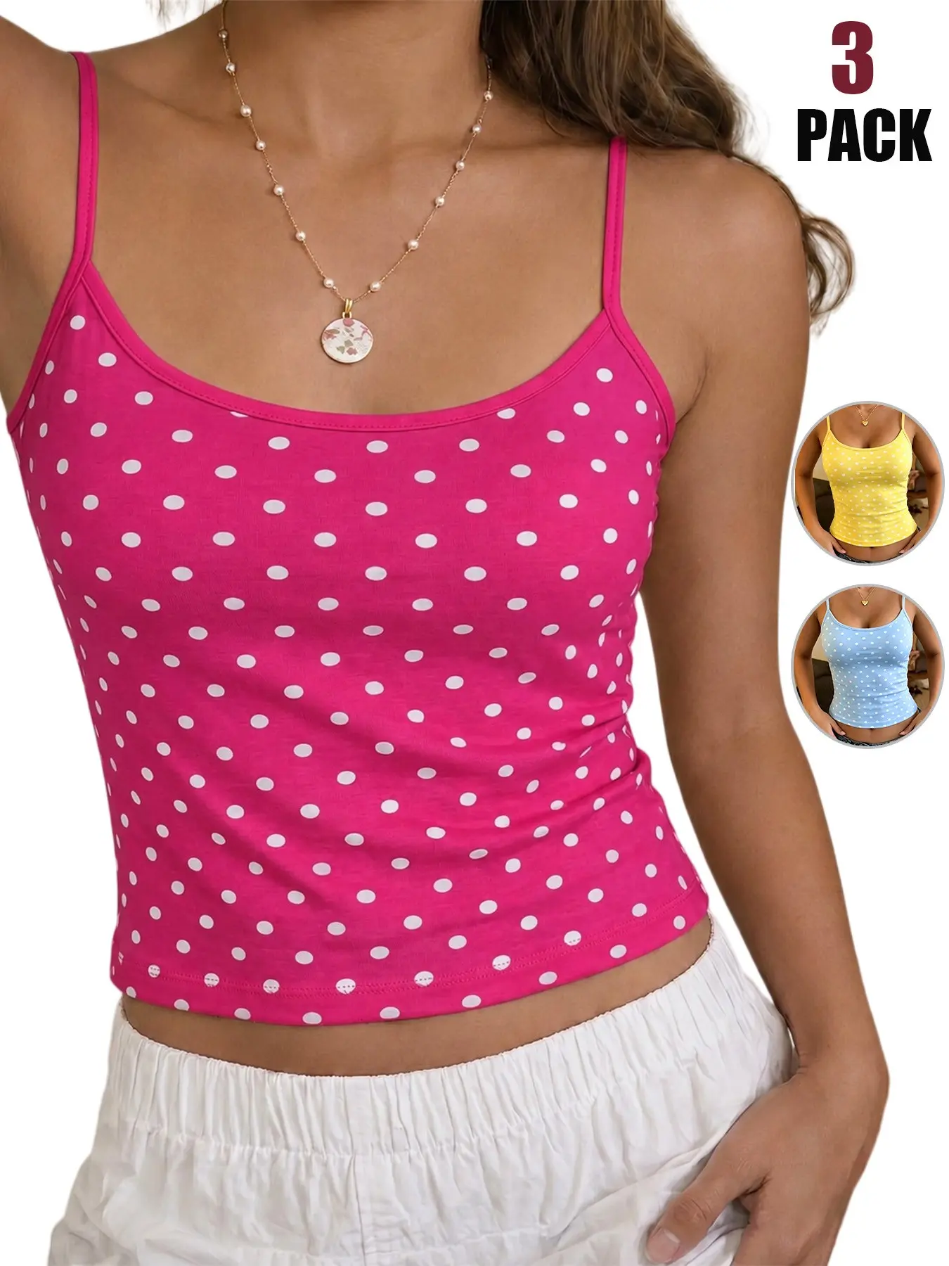 Women Scoop Neck Spaghetti Strap Polka Dot Print Slim Fit Crop Camisole, Cute Soft Stretch Lightweight Sleeveless Tank Top, Casual Loungewear Vest