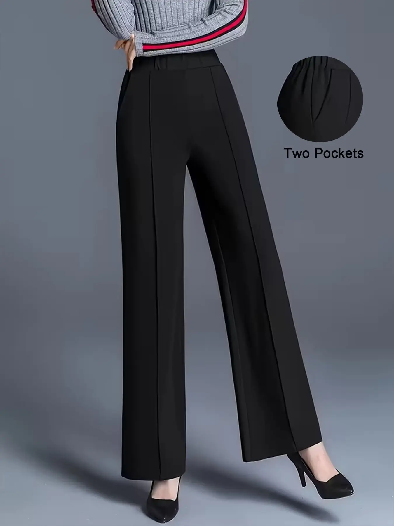 Plus Size Women's Pocket Wide Leg Work Pants, Casual Straight Leg Trousers, Comfortable Office Wear, Versatile Fashion for All Occasions