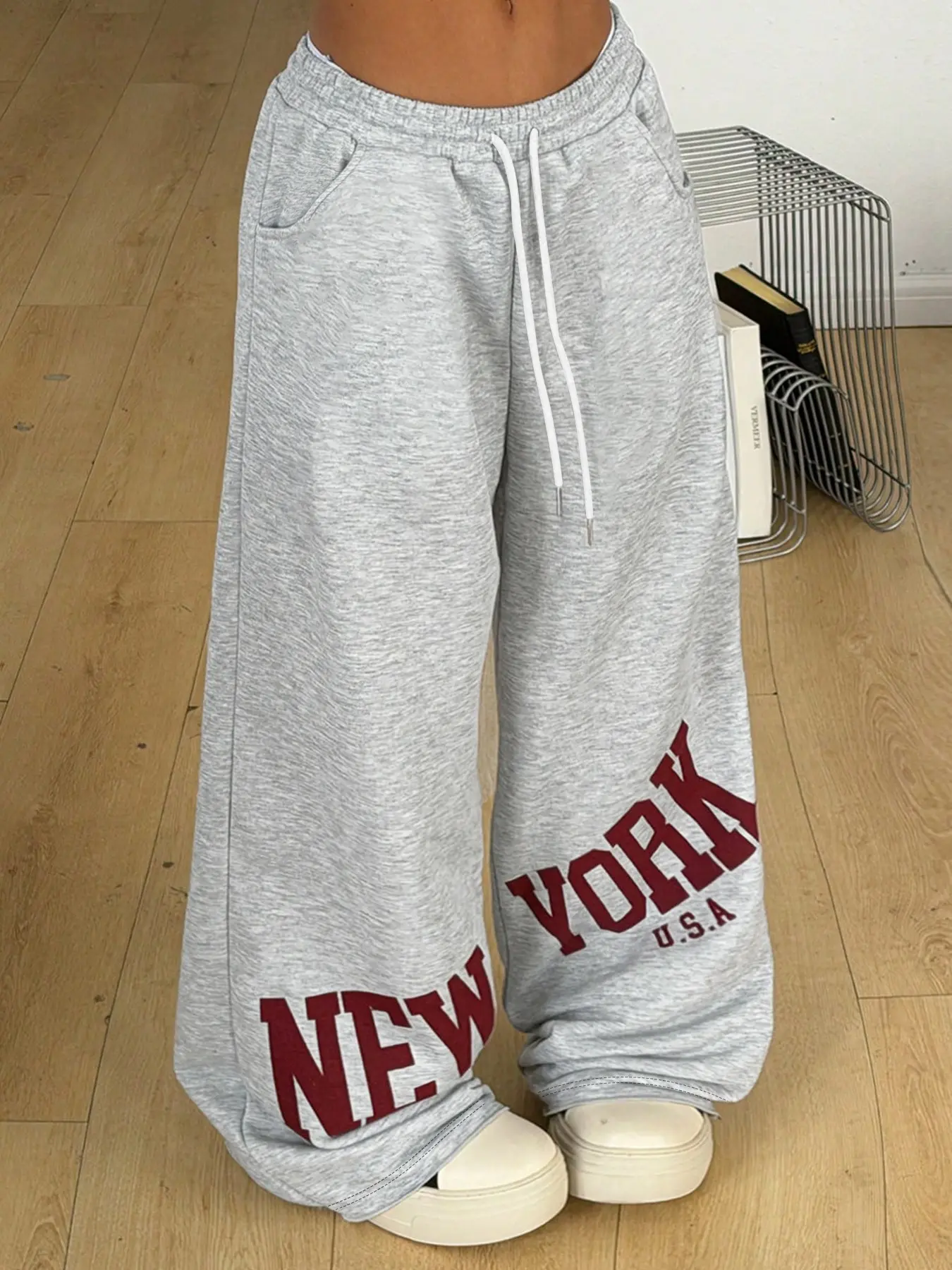 Women's New York Letter Print Drawstring Wide-Leg Sweatpants, Loose Casual Trousers For Daily Street Outfits