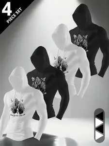 4-Pack Men's Hooded Long Sleeve Tees With Praying Hands Only God Can Judge Me Print Gym Athletic Tops