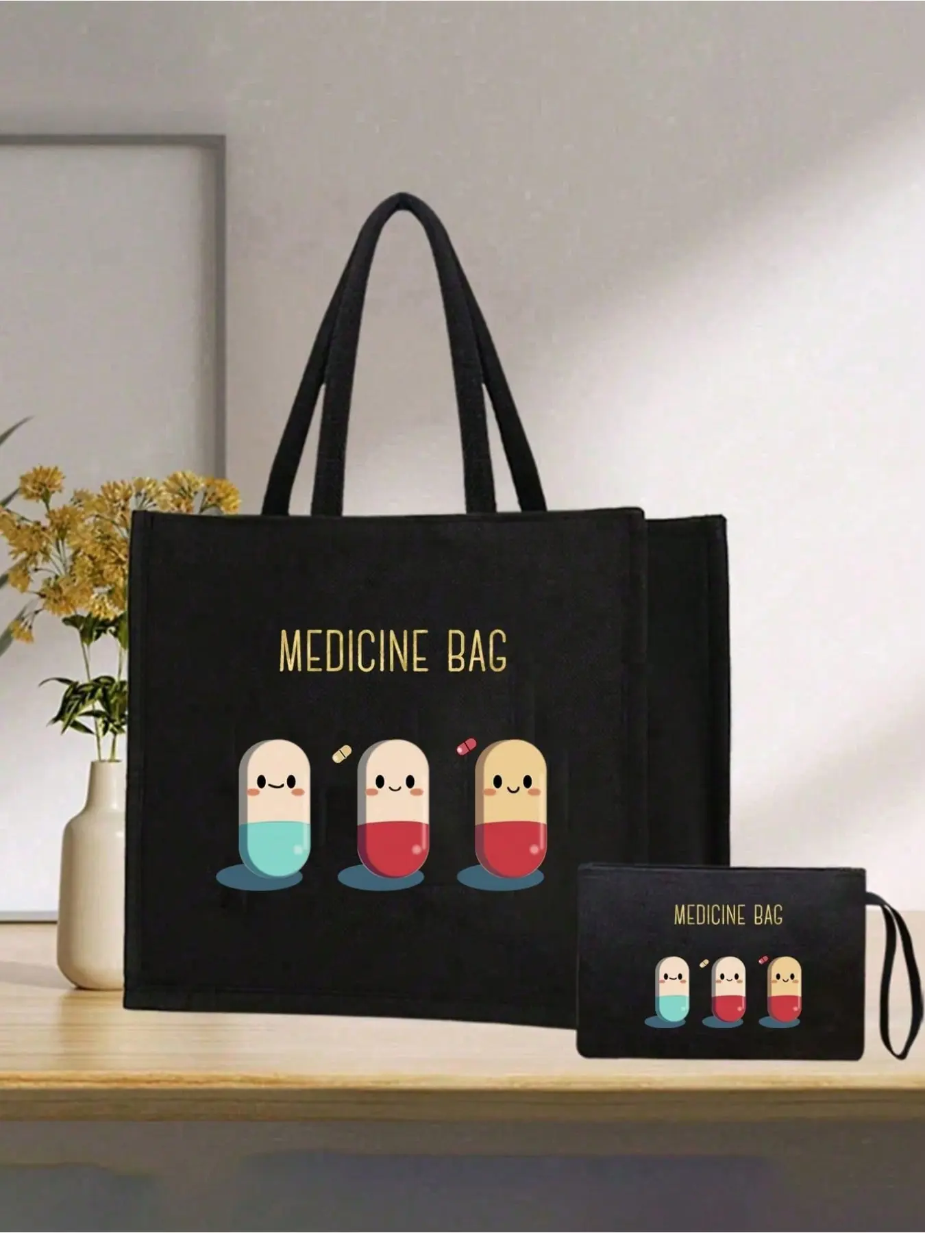 Large pill-themed medical tote bag, Multi functional bag, made of black linen, comes with a drawstring pouch and vibrant prints, ideal for storing medical supplies, versatile for travel, school and daily use, also works as a first aid bag
