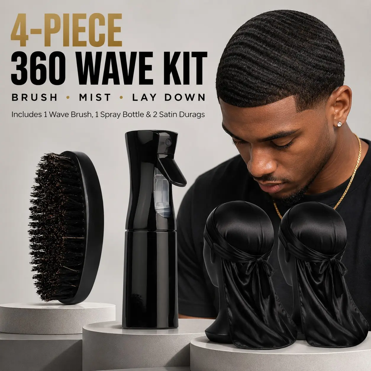 4-Piece 360 Wave Kit for Men, Medium Bristle Palm Brush, Fine Mist Spray Bottle & 2 Durags for Wave Training and Overnight Hair Care