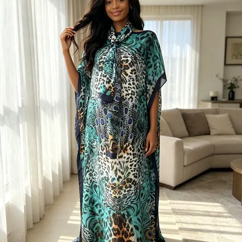Boho Leopard Print Long Loose Dress Set with Scarf, Elegant Two-Piece, Perfect for Vacation and Daily Wear