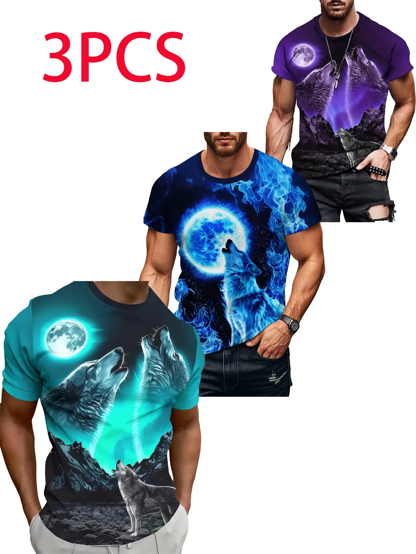 3-Pack Men's Wolf Print Short Sleeve Round Neck T-Shirts, Blue Moonlight Dual Wolves, Blue Flame Full Moon Lone Wolf, Mountain Three Wolves