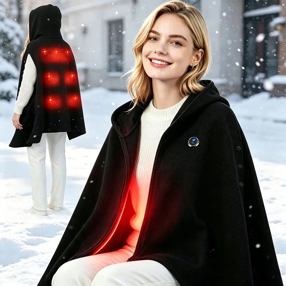Wearable Graphene Heated Shawl, USB Powered Hooded Electric Heating Blanket Cape with 3 Heating Levels, Portable Body Warmer for Home, Office, Outdoor Travel and Daily Use