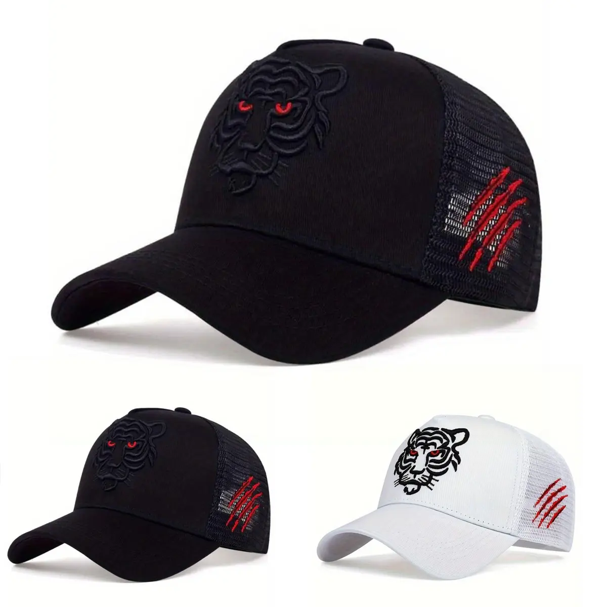 Unisex Tiger Head Embroidery Mesh Hat Baseball Cap Outdoor Adjustable Sunscreen Leisure Hat Spring Autumn Travel Tourism Beach Vacation