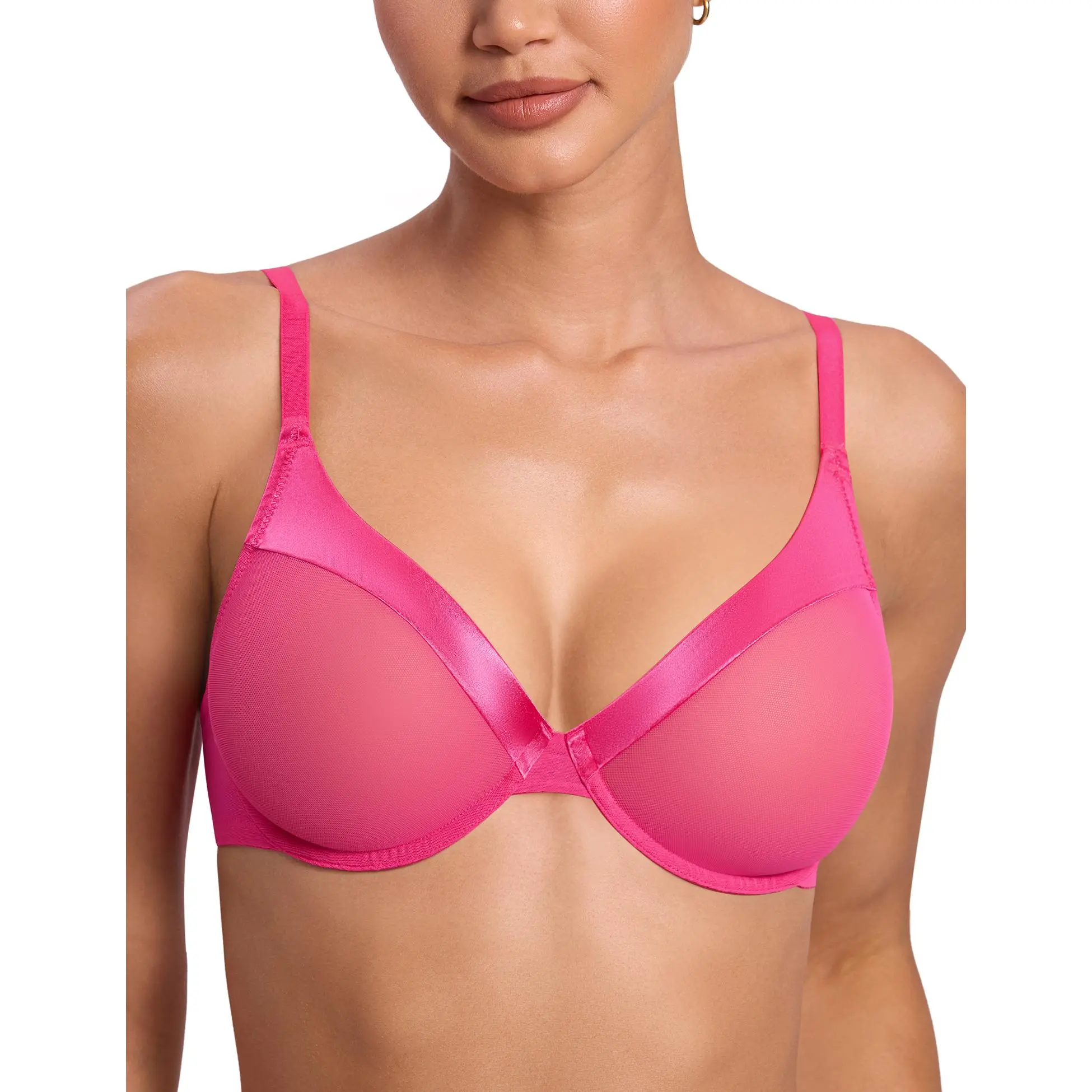 Deyllo Women's Unlined Underwire Plunge Bra Sheer Mesh Lightweight Sexy Bras for Everyday Wear