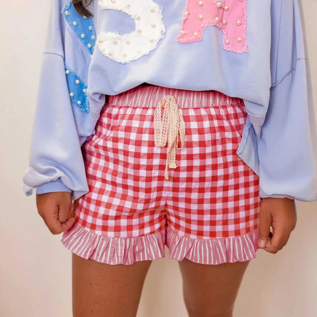Red Gingham Print Ruffle Striped Detail Lace Tie Shorts