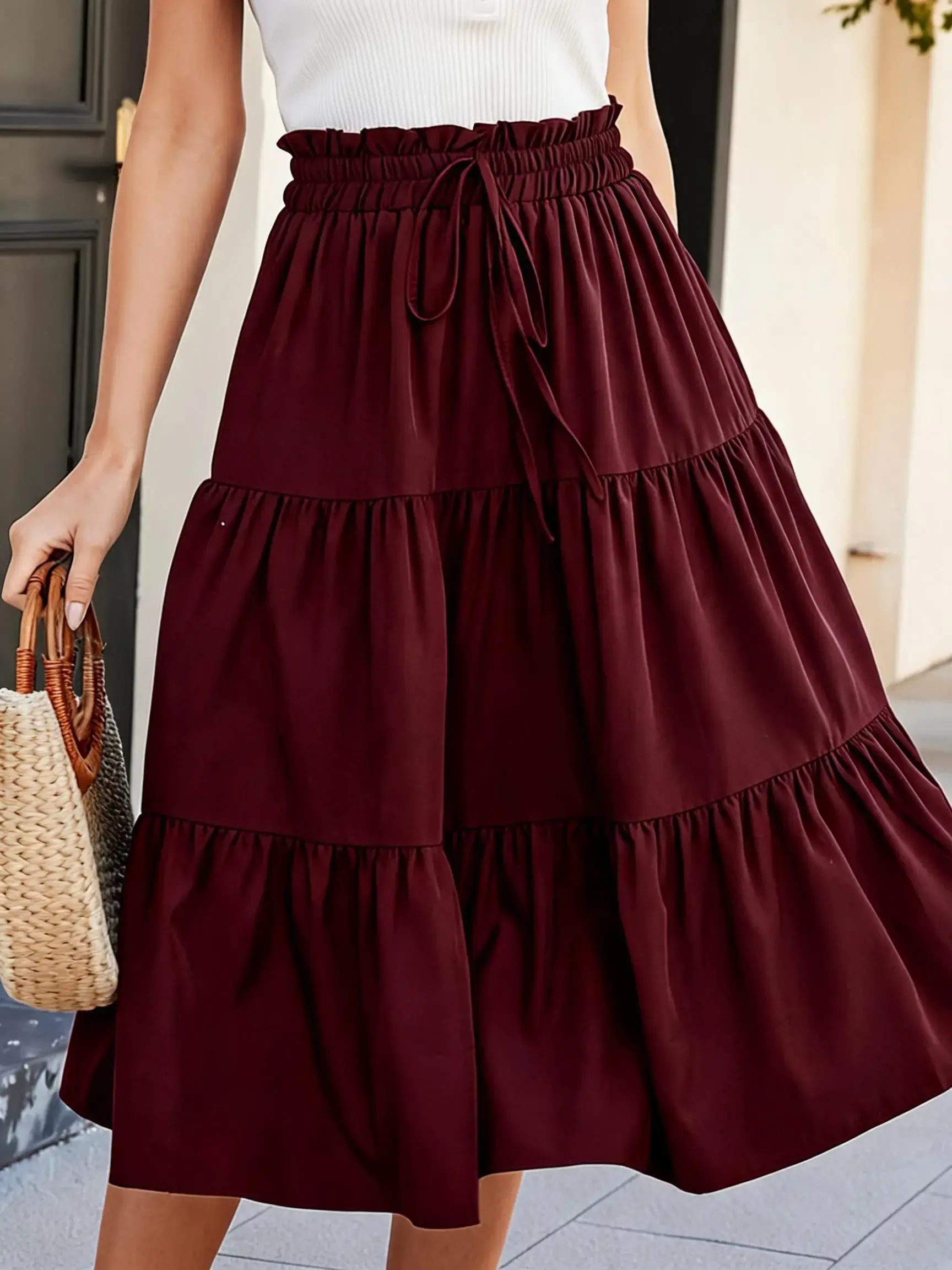 Women's Layered Ruffle Skirt, Slimming Half-Skirt, Puffy Flowy Design Elastic, Casual Daily Wear, Vacation or Music Festival, Bottom, Flared Skirt, Boho Casual Skirts, Boho Fashion Skirt