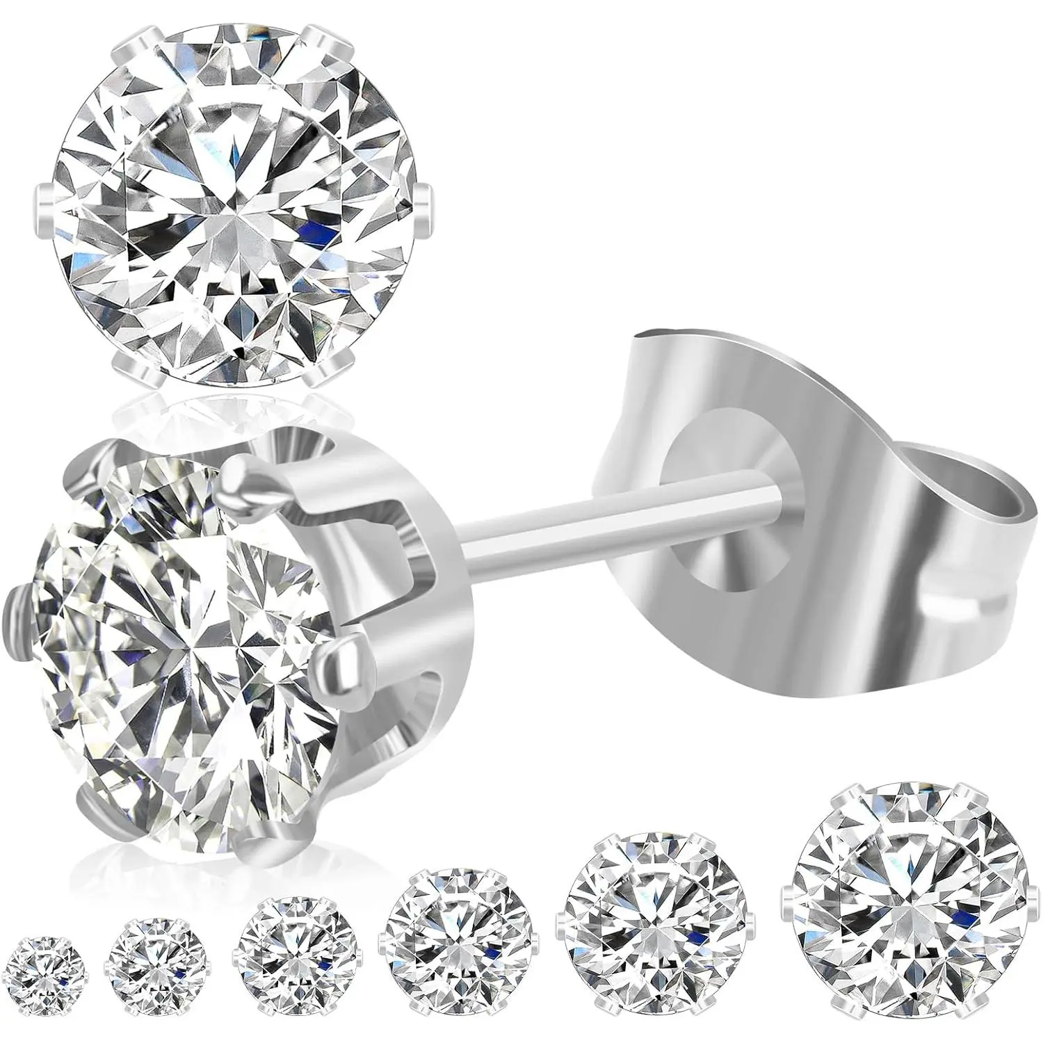 6 Pairs Stud Earrings for Women Men,   Stainless Steel Studs Set |  6 7 8mm, Cubic Zirconia, 14K  Plated, , Flat  Earrings for  Ears,   Idea
