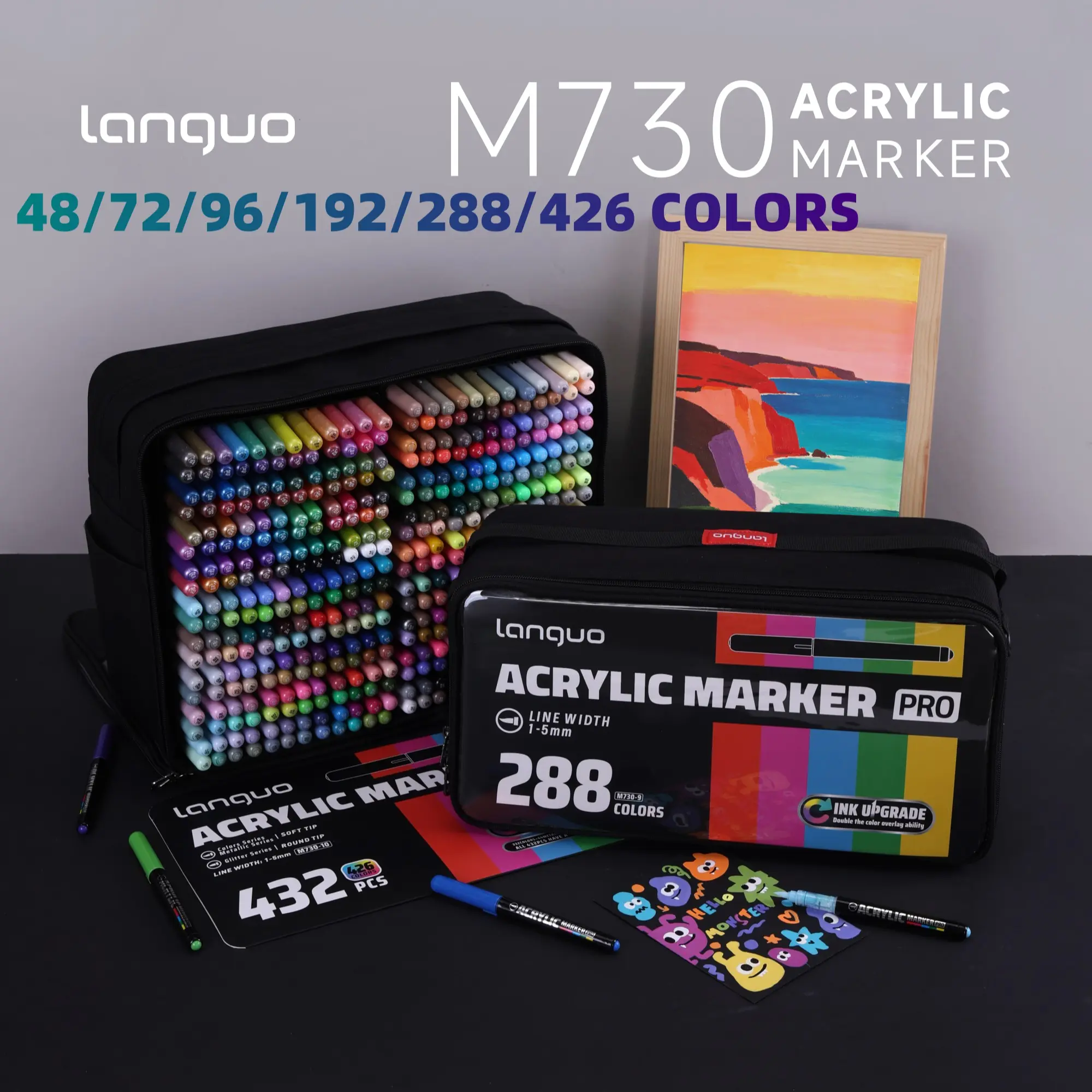 Langguo Super Stacking Markers Pro with High-Capacity Ink - 60% Increased Coverage, 80% Enhanced Colorfastness, Soft Tip, 1-5mm Line Width Adjustment - Ideal for Drawing, Writing, Marking, DIY... Fabric Storage Bag Design for Easy Storage, Portable, Handh