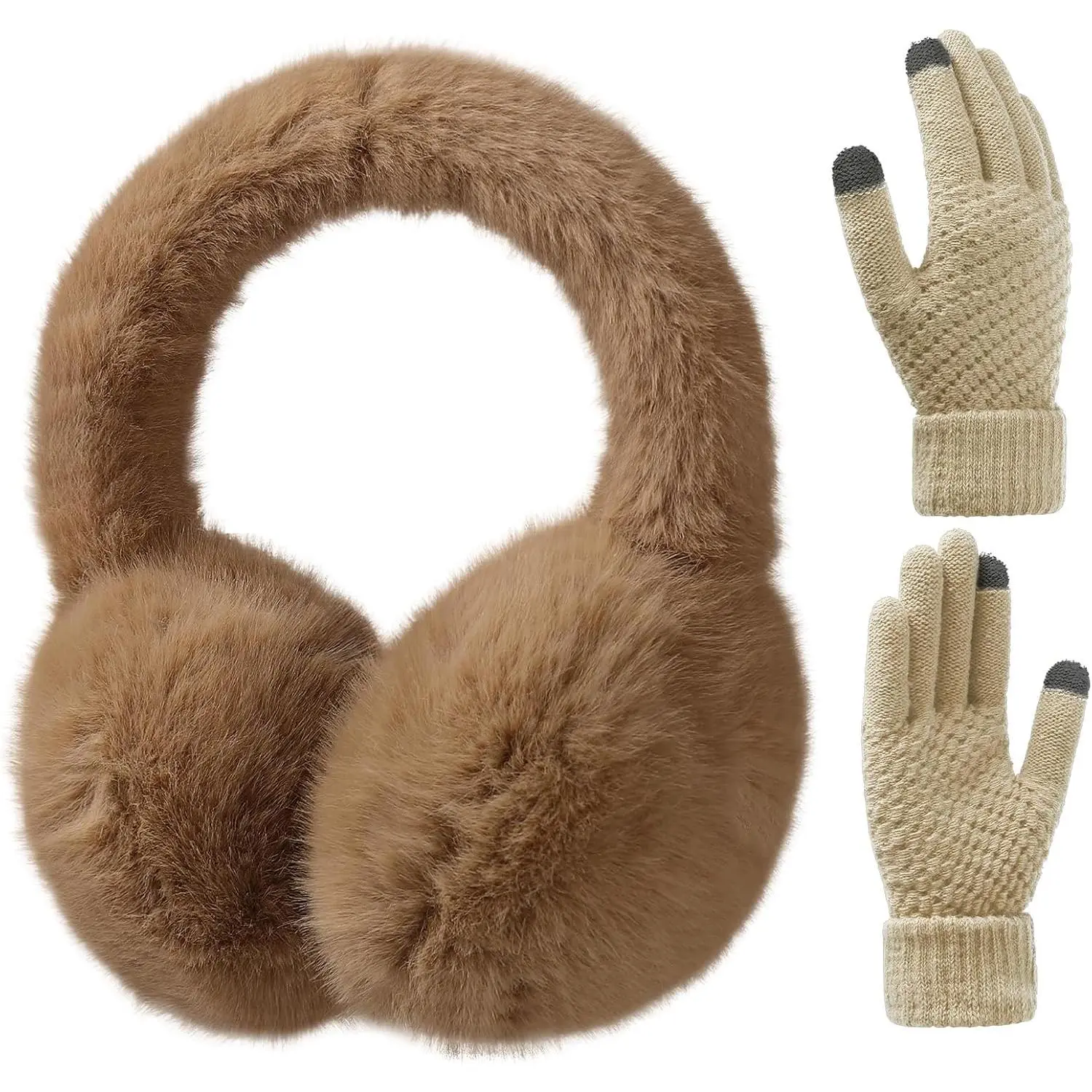 Women Winter Ear Muffs Gloves Set Girls  Earmuffs Cold Weather Faux  Ear Warmers  Screen Gloves