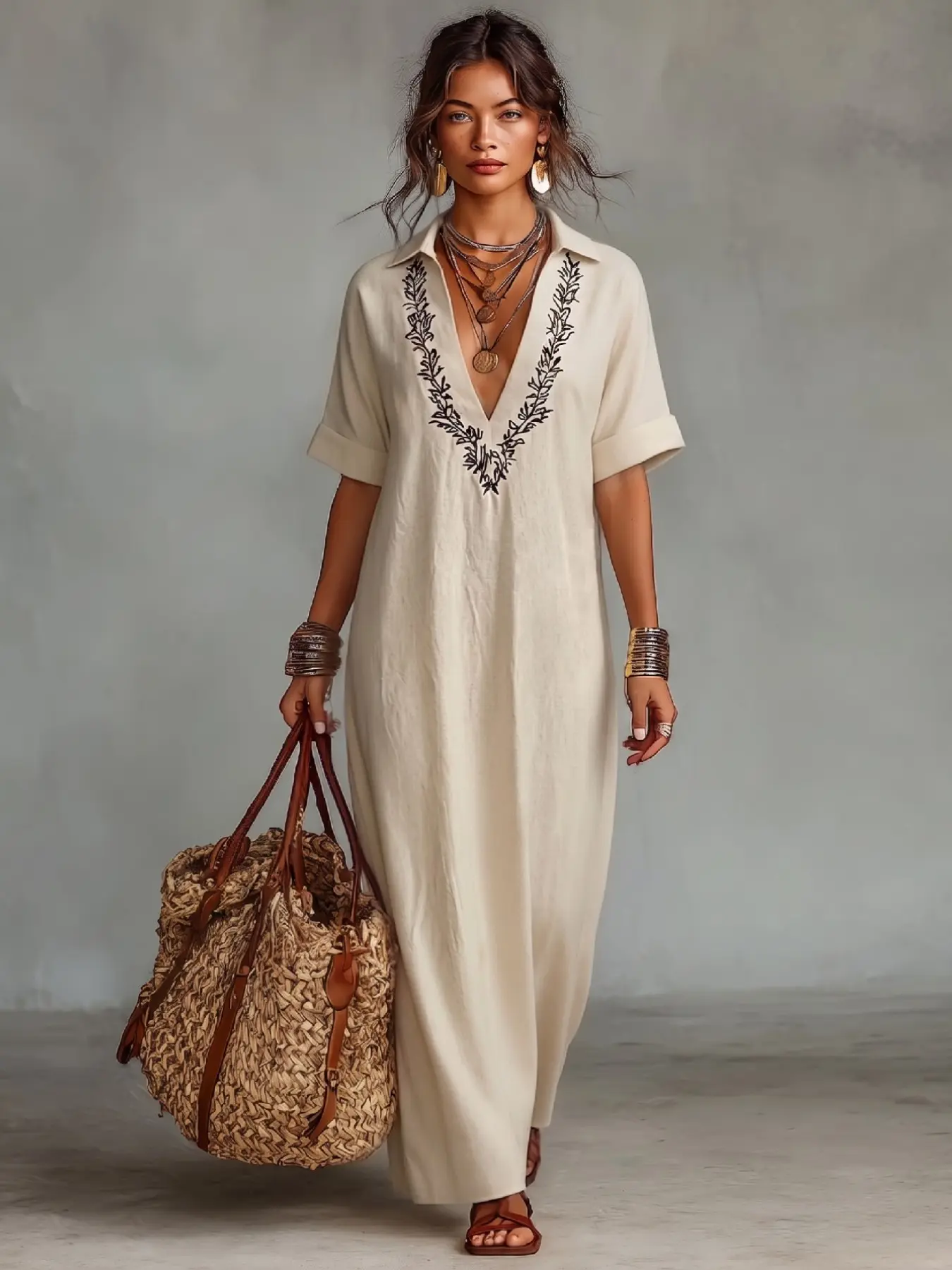 Boho Deep V Embroidered Lightweight Sleeveless Long Dress for Women, Summer Casual Wear Loose Fit, Perfect for Beach Vacations and Music Festivals, Boho Style Dresses