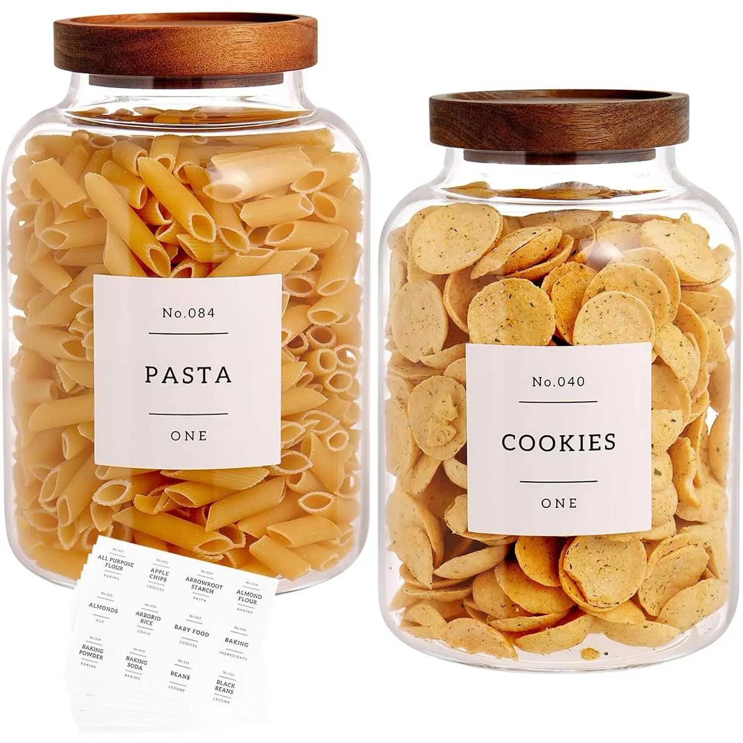 Set Of 2 Large Glass Jar with Wooden Lid with 132 Labels, Glass Storage Jars for Flour Pasta Candy Coffee Cookie and (70 FL OZ/2000 ml)
