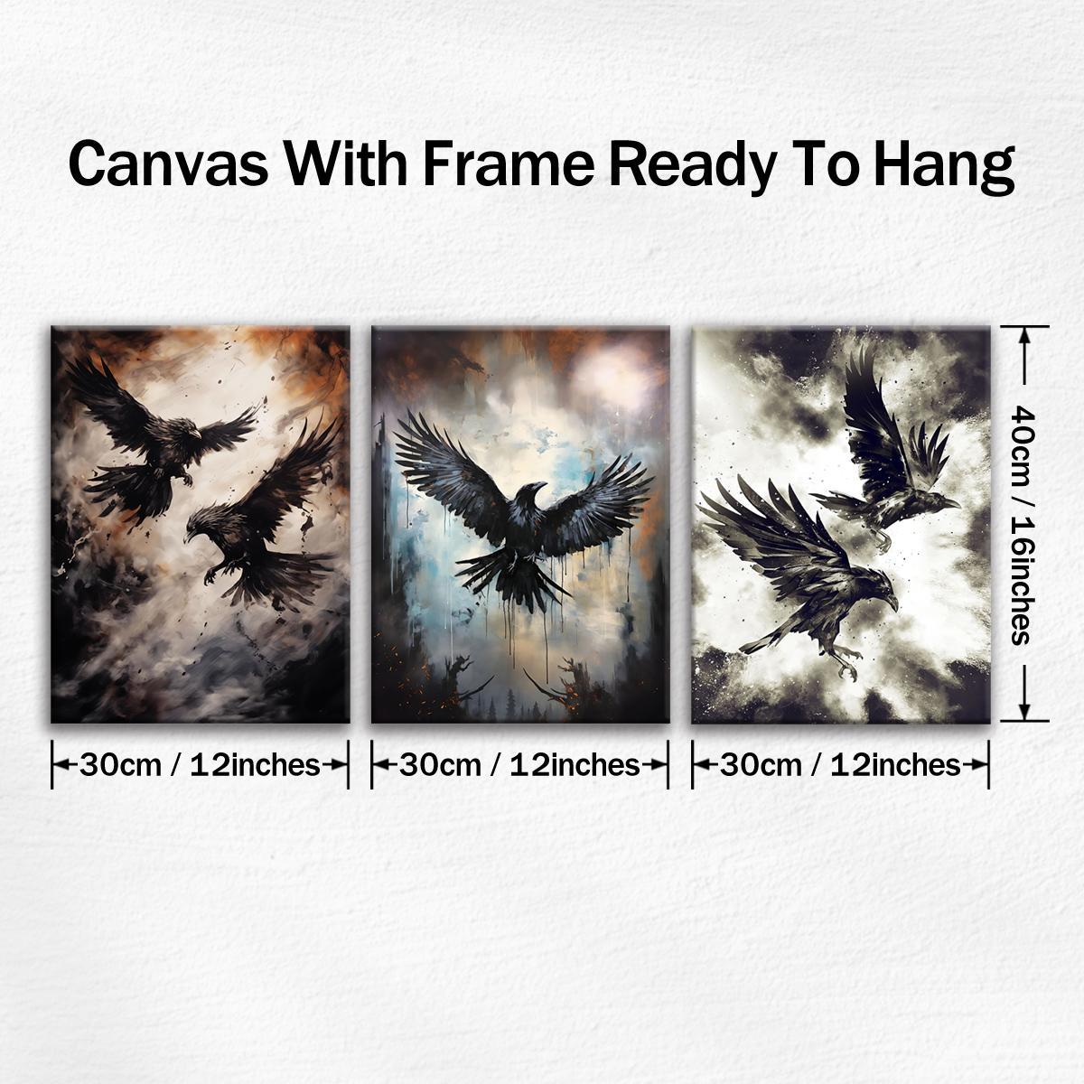 Creepy Crow Pattern Wooden Framed Canvas Painting Modern Art Design, 3 Counts/set Halloween Murals, Wall Art Decor for Home Living Room Bedroom Office