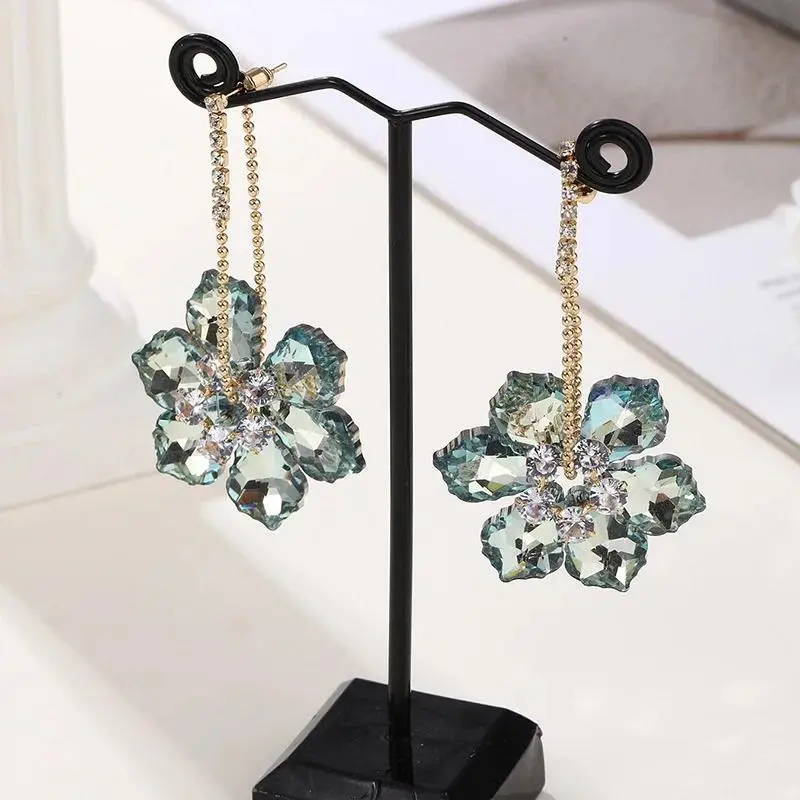 2025 New Colorful Purple Crystal Flower Dangle Drop Earrings for Women Trend Korea Fashion Luxury Wedding Party Banquet Jewelry