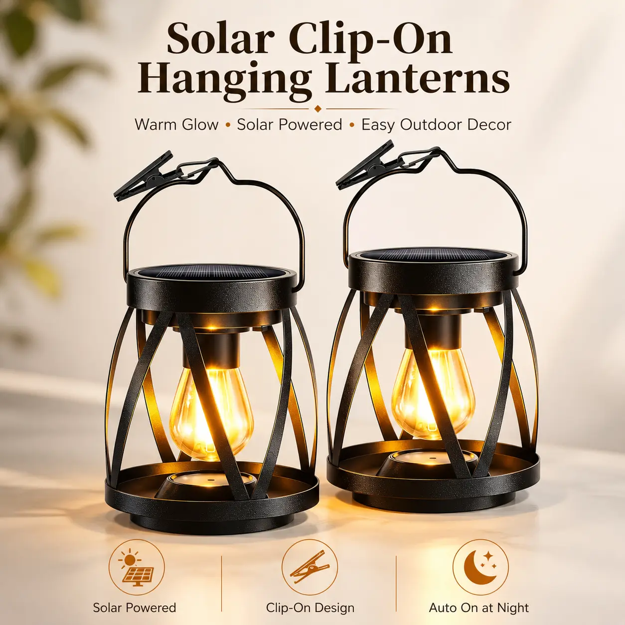APZZLOXH Solar Clip Lantern, Metal Outdoor Hanging Light with Warm Edison-Style Glow, Auto On/Off, IP65 Decorative Lantern for Fence, Railing, Patio and Garden