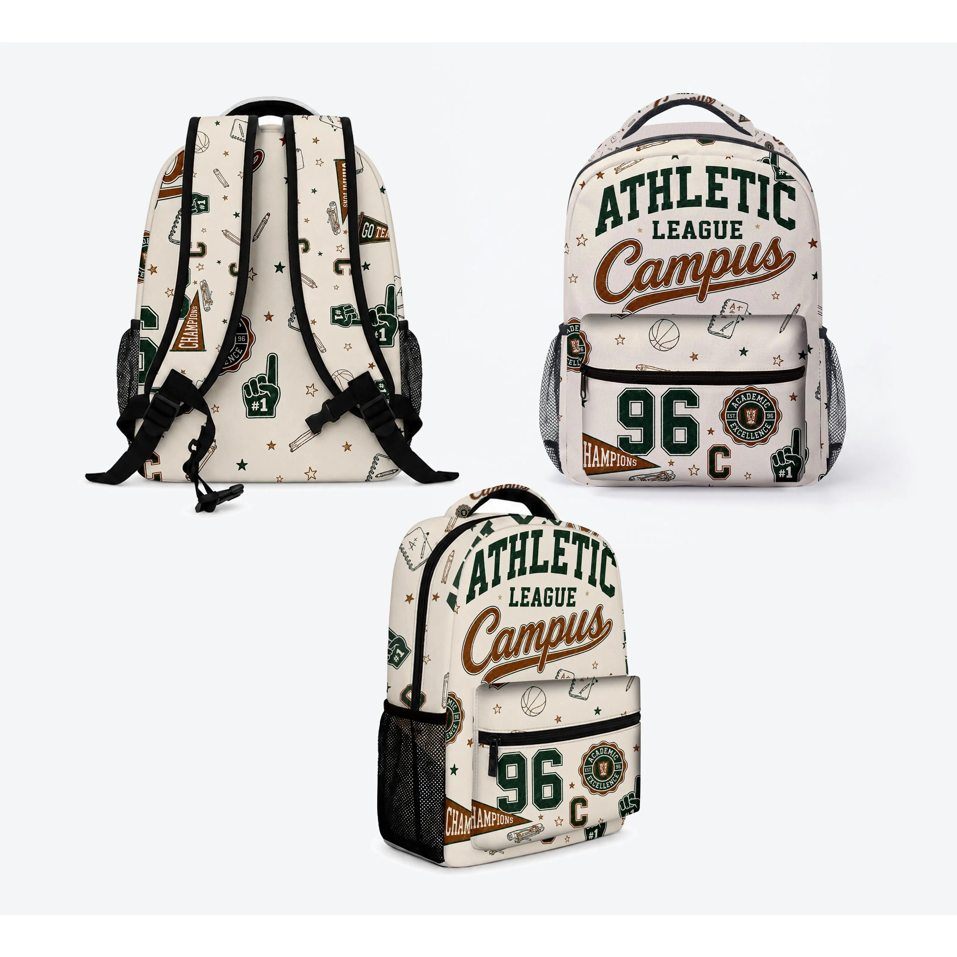 Vintage Varsity School Backpack, Preppy Athletic League Bookbag for Boys Girls & Teens, Campus Sports Number 96 Graphic, Front Zipper Pocket, Dual Mesh Side Pockets, Top Carry Handle, Back to School Student Daypack，bookbag,school backpack, multiple style