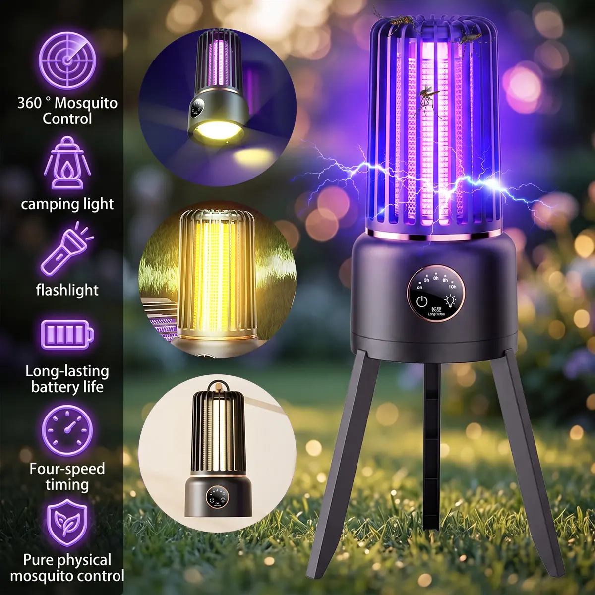 3-in-1 LED Bug Zapper, Rechargeable Cordless Camping Lantern & Flashlight with UV Attraction Insect Trap, USB-C, 4 Timer Settings, Batteries, Lightweight for Camping & Patio