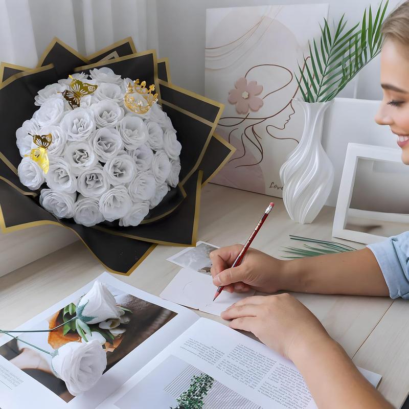 DIY Glitter Roses Bouquet White  - 36 Pack  Shiny Bouquet with Stems Butterfly Crown Eternal Floral for Halloween Elegance Wedding Bouquets Anniversary Birthday Party Gifts