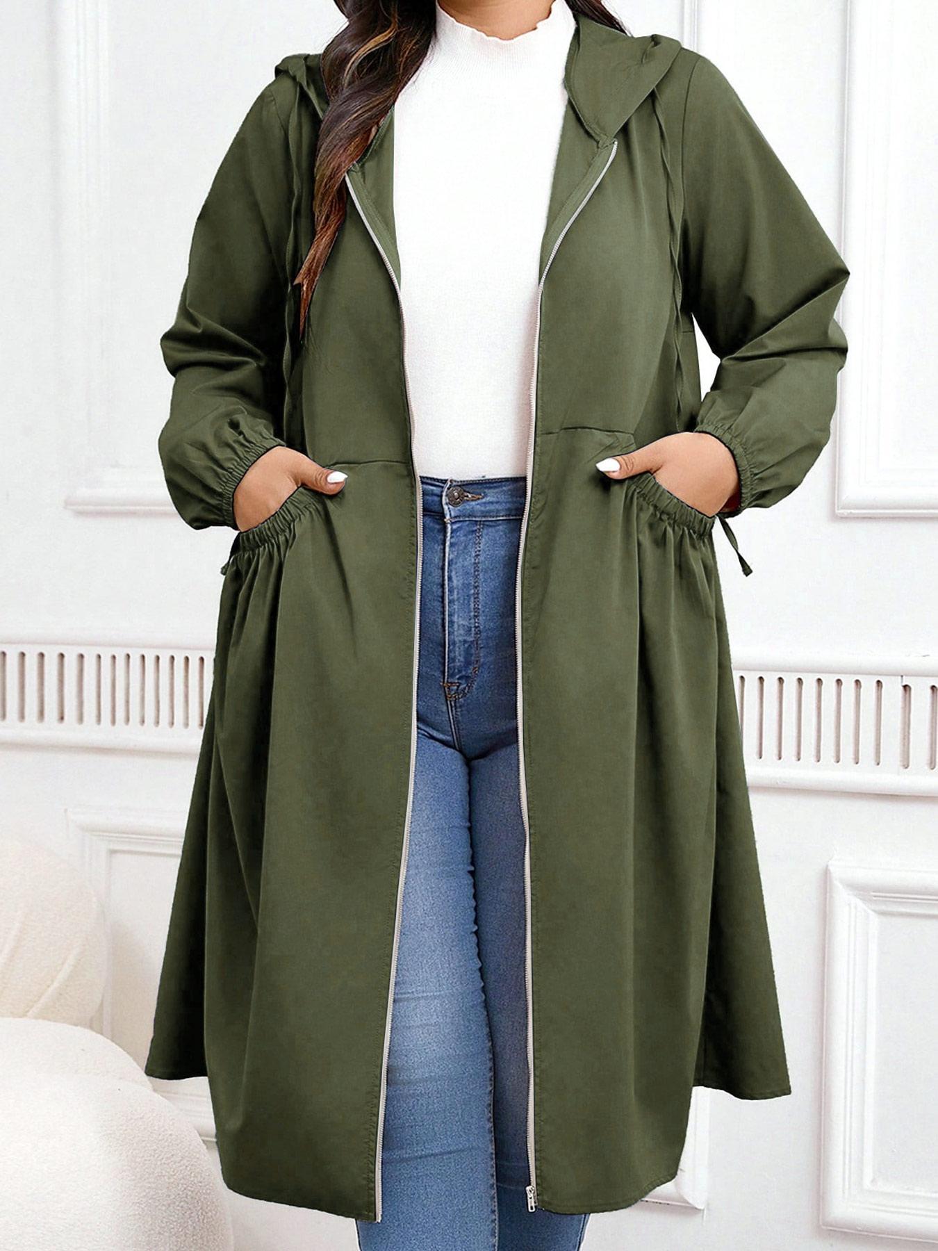 Plus Size Solid Drawstring Zip Up Hooded Coat, Casual Long Sleeve Pocket Outerwear for Fall & Winter, Women's Clothes for Daily Wear