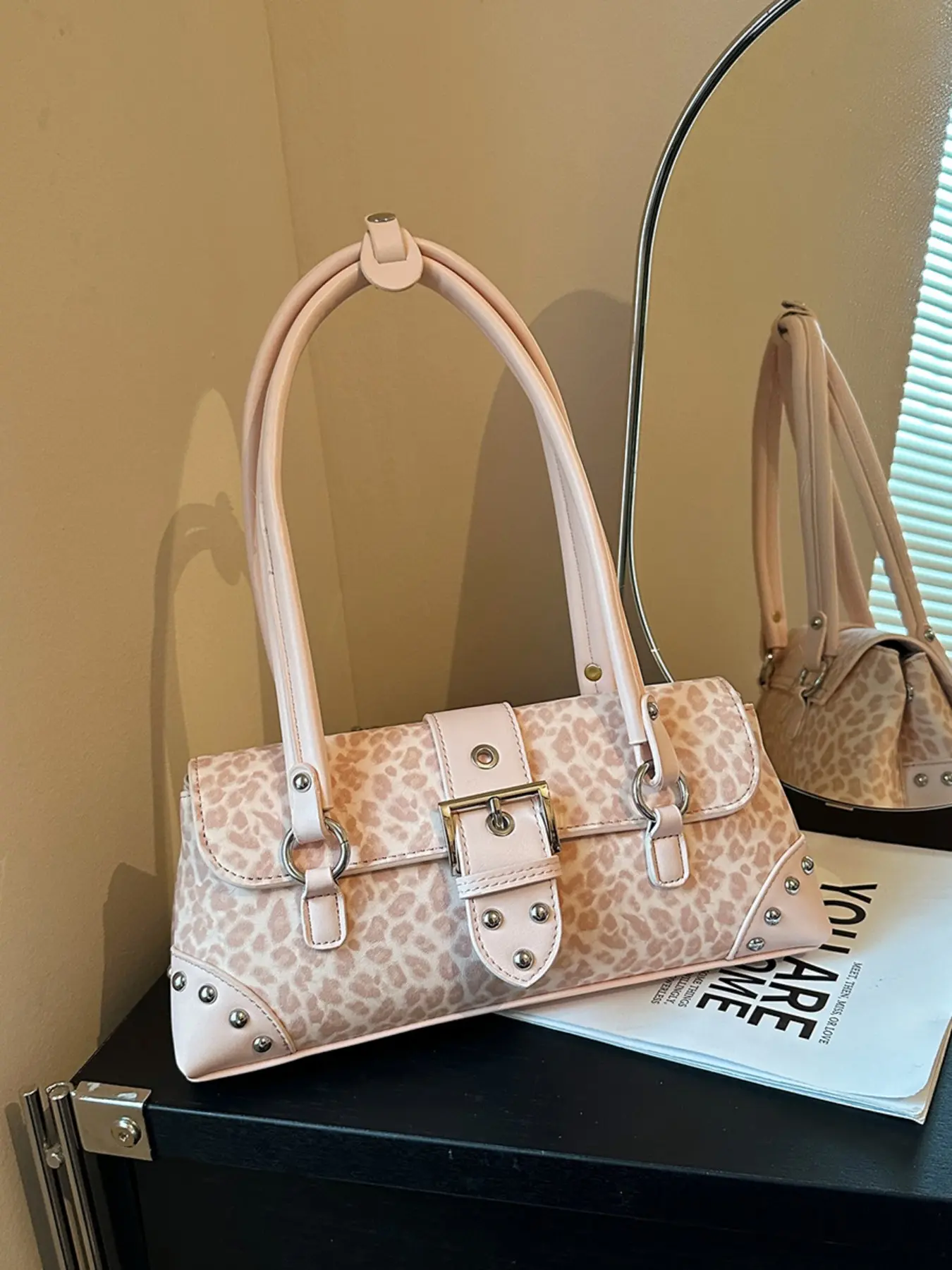 Pink Leopard Print Shoulder Bag for Women, Y2K Retro Baguette Handbag, Rivet Buckle Design Underarm Purse