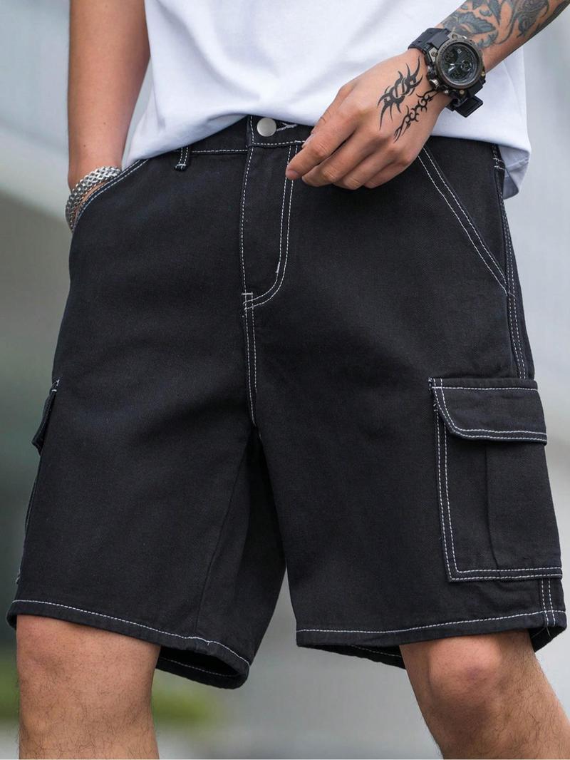 Men's Solid Flap Pocket Cargo Shorts, Loose Casual Fashion Denim Shorts for Daily Outdoor Wear, Men Bottoms for Summer, Lightweight Shorts