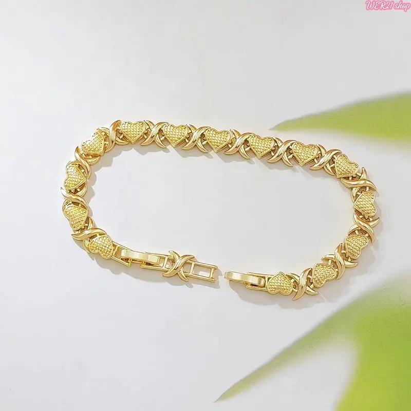 [WER21]14K Gold Plated XOXO Heart Link Bracelet for Women, Textured Heart and Kiss Interlocking Chain Bracelet, Classic Love Fashion Jewelry Gift for Birthday Anniversary