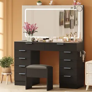 Vanity Desk with Lights & Power Outlet, Makeup Dressing Table Set with Large Mirror, Magnifying Glass, 10 Drawers & Stool for Bedroom