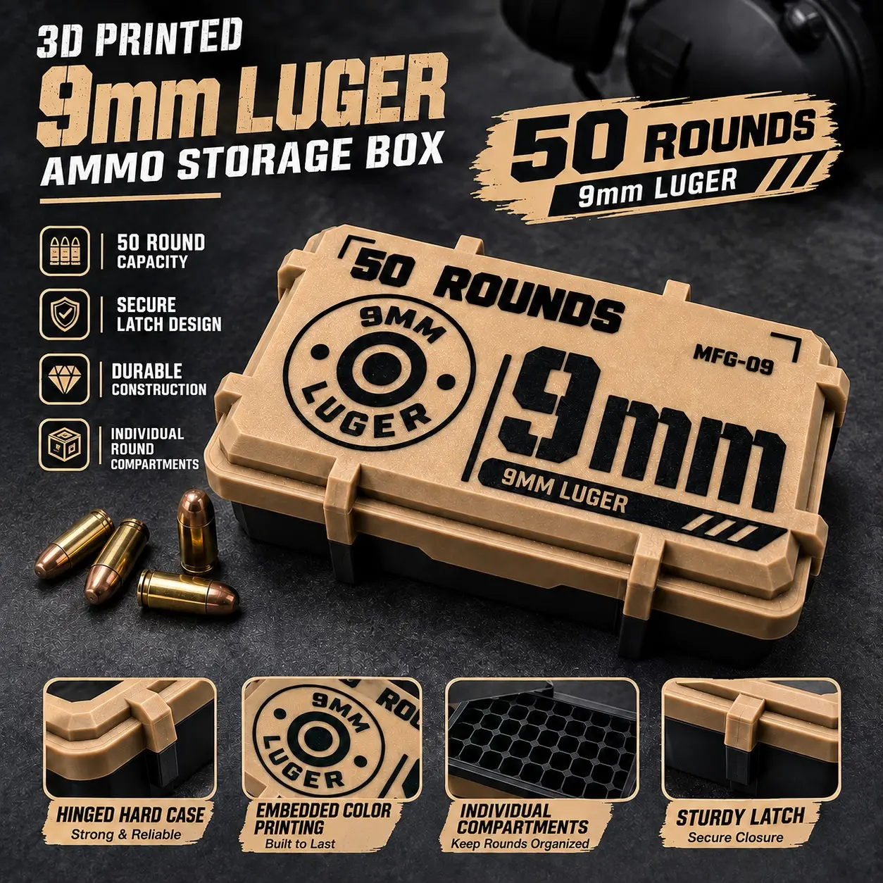 9mm Bullet Storage Box, 50 Rounds Capacity, Portable Dust-Proof Moisture-Resistant Hard Shell Ammo Case, Clip-Seal Lid, Durable Storage Organizer