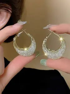 Elegant Hollow Out Mesh Full Rhinestone C-Shaped Earrings, Trimmed Zircon Studs, Perfect for Office, Dates, Dinners